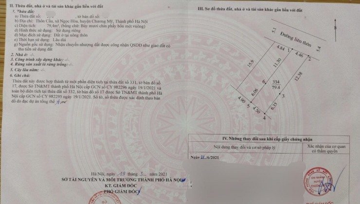 Cc gửi bán 79.4m2, 3x tr/m2, tại Ngọc Hòa, Chương Mỹ, HN, ô tránh, kinh doanh, mặt ngõ thông