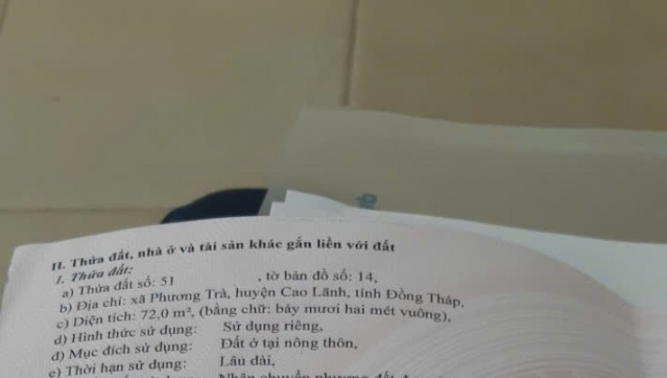 Do Không Có Nhu Cầu Sử Dụng, Chính Chủ Bán Gấp Lô Đất Tại Xã Phương Trà, Huyện Cao Lãnh, Đồng Tháp