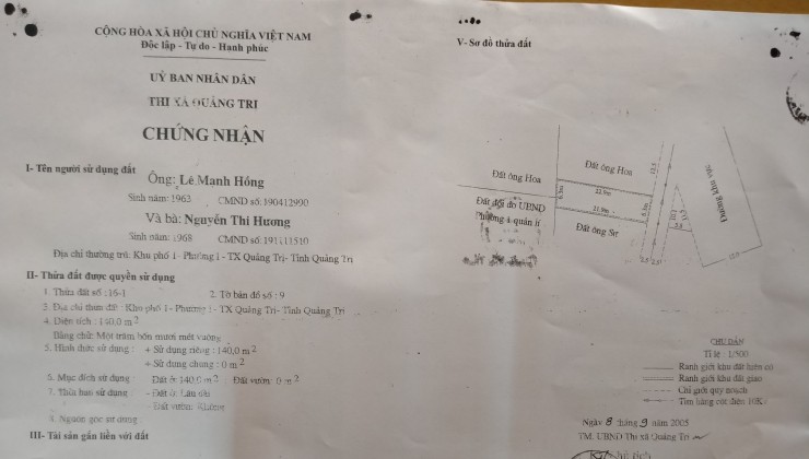 BÁN LÔ ĐẤT GIÁ RẺ Ở THỊ XÃ QUẢNG TRỊ - QUẢNG TRỊ