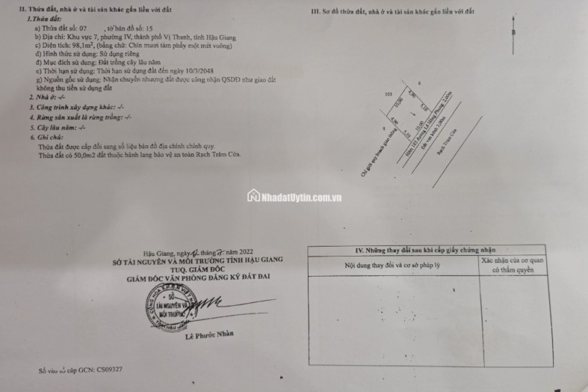 CẦN BÁN ĐẤT NỀN TẠI TP VỊ THANH (CÓ 410m2 THỔ CƯ) GIÁ 1,2 TỶ