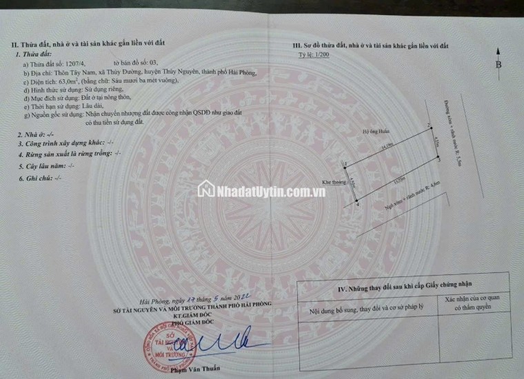 Chào bán 2 lô đất đẹp mướt mơ mặt đường thôn trải nhựa, đường thông rộng 2 oto tránh nhau - Tại thôn Đông Tây Nam, xã Thủy Đường, Thủy Nguyên, Hải