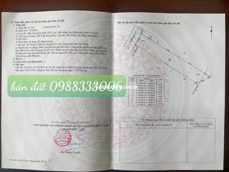 BÁN ĐẤT MT ĐƯỜNG BẦU GIÃ, CỦ CHI - DT 1.529,4M2 - SHR - 17TR/M2. LH:0988333006.