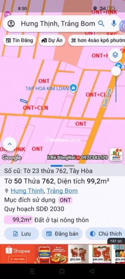 BÁN ĐẤT TÂY HOÀ, TRẢNG BOM, ĐỒNG NAI, DT 99,2 M2  - SHR – CHỈ 850TR. LH:0989508220.