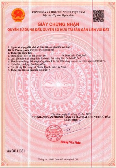 BÁN ĐẤT XÃ PHƯỚC THẠNH, TÂY NINH. 2 LÔ LIỀN KỀ. TỔNG DIỆN TÍCH 1556 M2 - SHR. LH:0786111122.