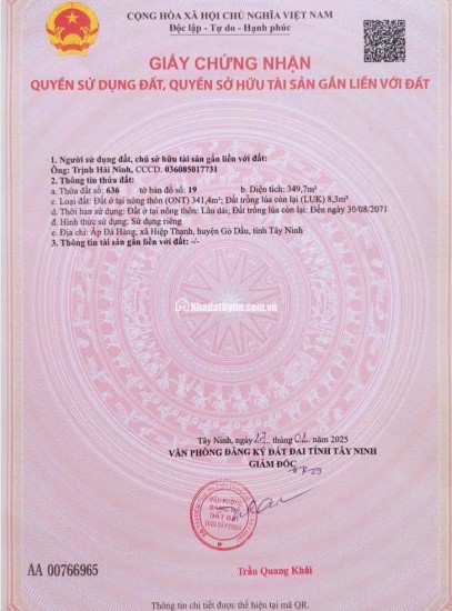 BÁN ĐẤT XÃ PHƯỚC THẠNH, TÂY NINH. 2 LÔ LIỀN KỀ. TỔNG DIỆN TÍCH 1556 M2 - SHR. LH:0786111122.