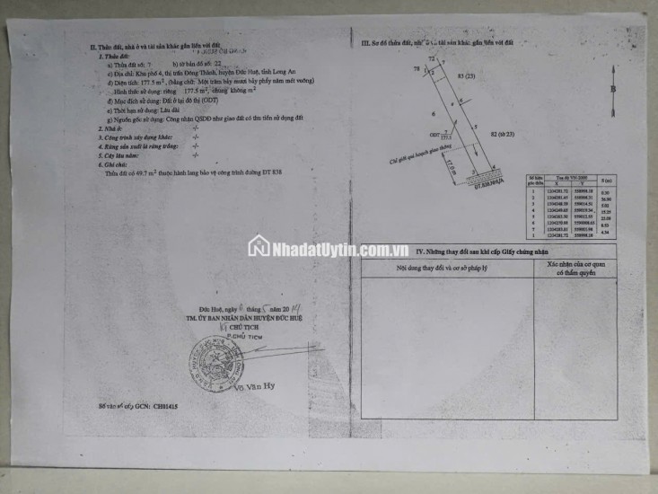 BÁN ĐẤT XÃ ĐỨC HUỆ - TÂY NINH MỚI. DT 10x80 SẴN SHR 4.5 TỶ. LH:0902414014